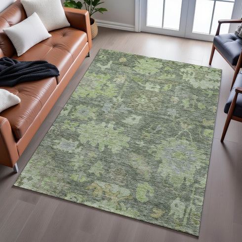 8' X 10' Fern Green And Gray Floral Washable Area Rug With UV Protection