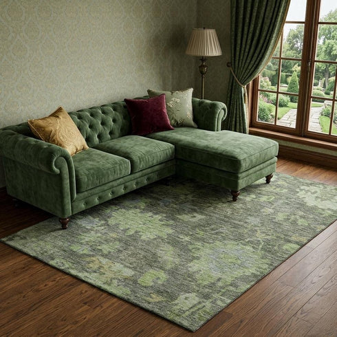 8' X 10' Fern Green And Gray Floral Washable Area Rug With UV Protection