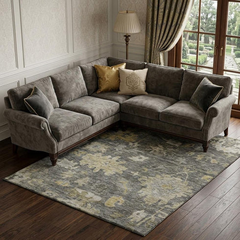 8' X 10' Gray Gold And Beige Floral Washable Area Rug With UV Protection