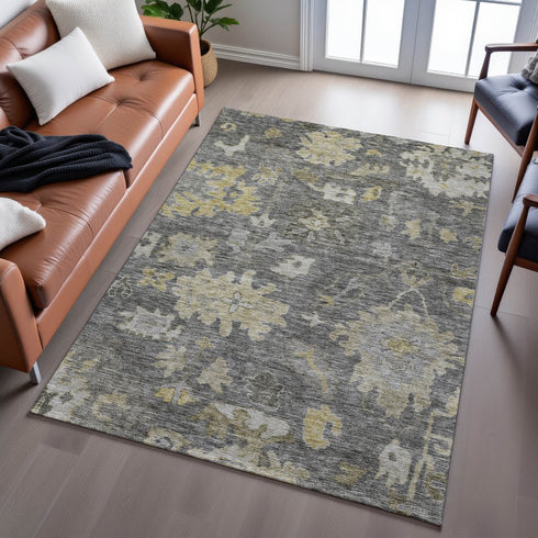 8' X 10' Gray Gold And Beige Floral Washable Area Rug With UV Protection
