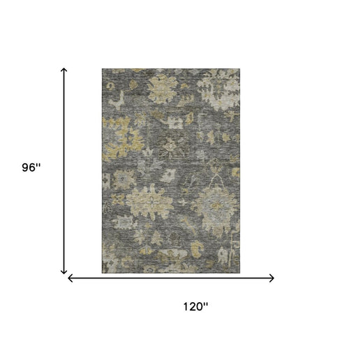 8' X 10' Gray Gold And Beige Floral Washable Area Rug With UV Protection
