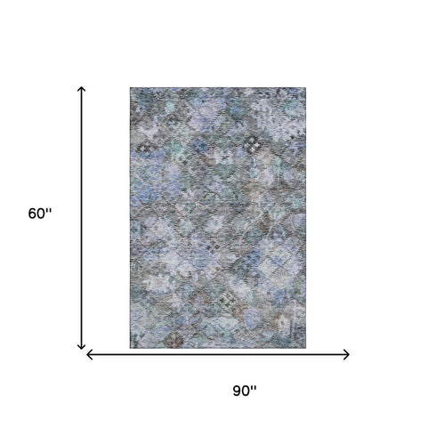 5' X 8' Blue Ivory And Taupe Abstract Geometric Washable Area Rug With UV Protection