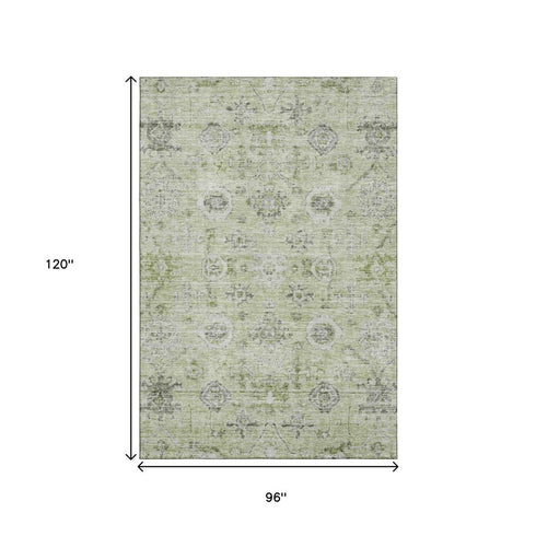 8' X 10' Artichoke Green Gray And Silver Damask Washable Area Rug With UV Protection