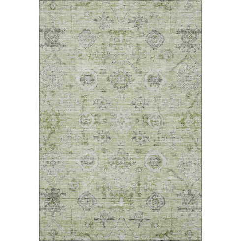 8' X 10' Artichoke Green Gray And Silver Damask Washable Area Rug With UV Protection