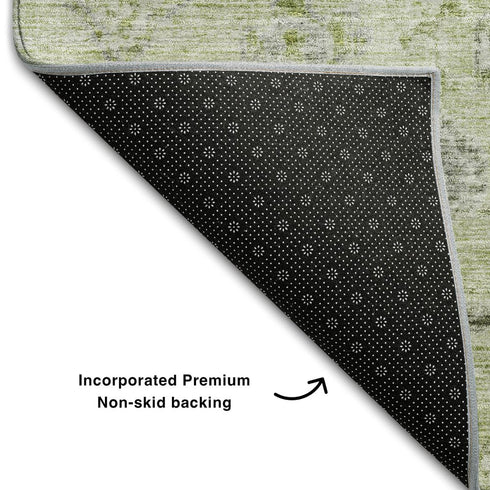 8' X 10' Artichoke Green Gray And Silver Damask Washable Area Rug With UV Protection