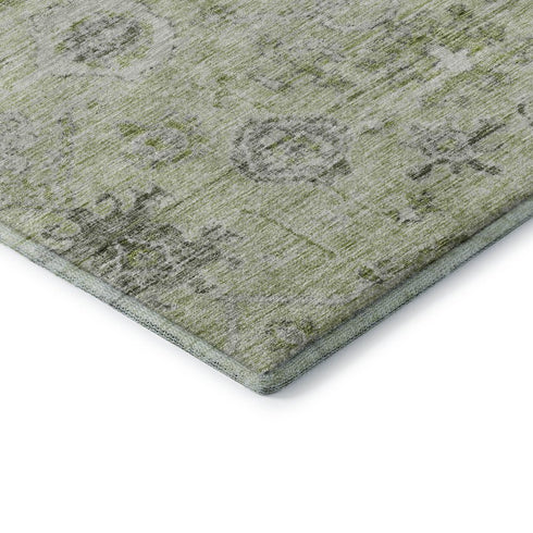 8' X 10' Artichoke Green Gray And Silver Damask Washable Area Rug With UV Protection