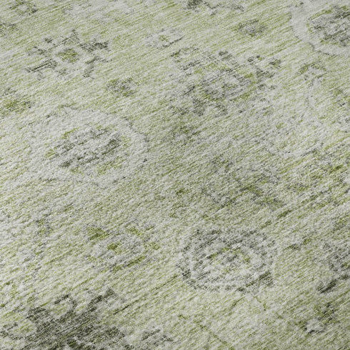 8' X 10' Artichoke Green Gray And Silver Damask Washable Area Rug With UV Protection