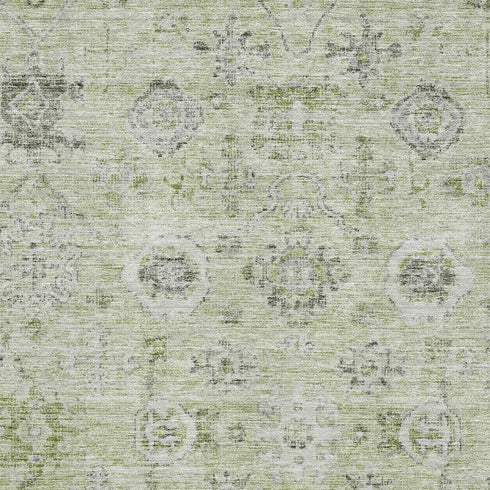 8' X 10' Artichoke Green Gray And Silver Damask Washable Area Rug With UV Protection