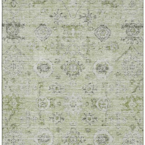 8' X 10' Artichoke Green Gray And Silver Damask Washable Area Rug With UV Protection
