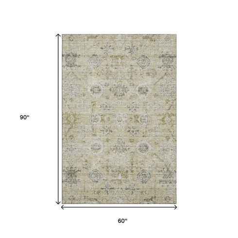 5' X 8' Beige Gray And Brown Damask Washable Area Rug With UV Protection