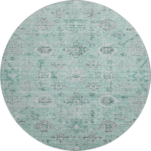 8' Teal Silver And Gray Damask Washable Round Rug With UV Protection