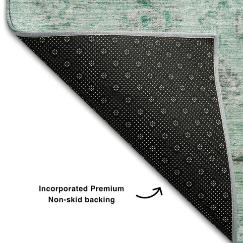 8' Teal Silver And Gray Damask Washable Round Rug With UV Protection