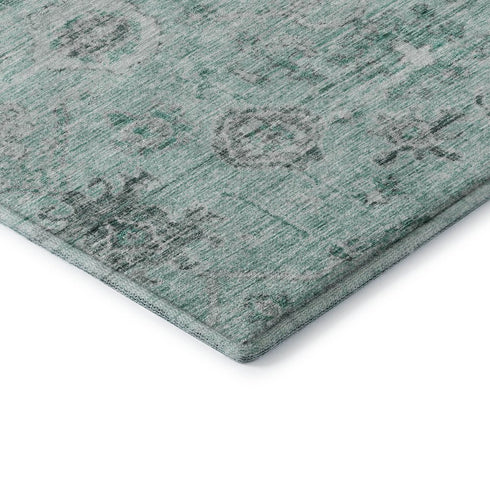 8' Teal Silver And Gray Damask Washable Round Rug With UV Protection