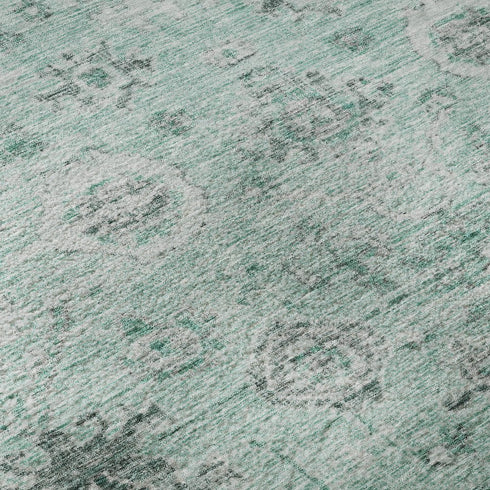 8' Teal Silver And Gray Damask Washable Round Rug With UV Protection