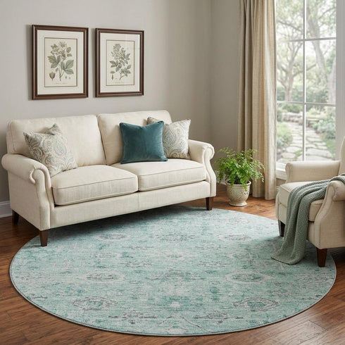 8' Teal Silver And Gray Damask Washable Round Rug With UV Protection