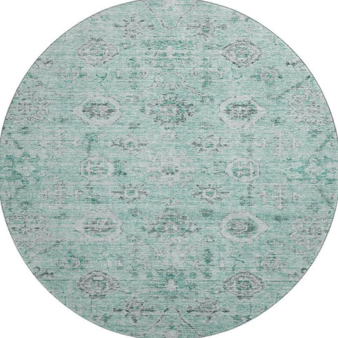 8' Teal Silver And Gray Damask Washable Round Rug With UV Protection