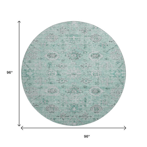 8' Teal Silver And Gray Damask Washable Round Rug With UV Protection