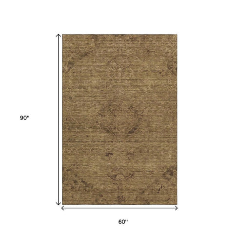 5' X 8' Brown And Coffee Medallion Washable Area Rug With UV Protection