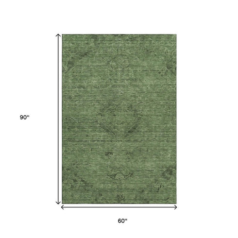 5' X 8' Fern Green And Emerald Medallion Washable Area Rug With UV Protection