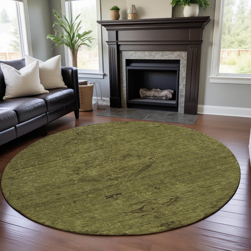 8' Olive Green And Gray Medallion Washable Round Rug With UV Protection