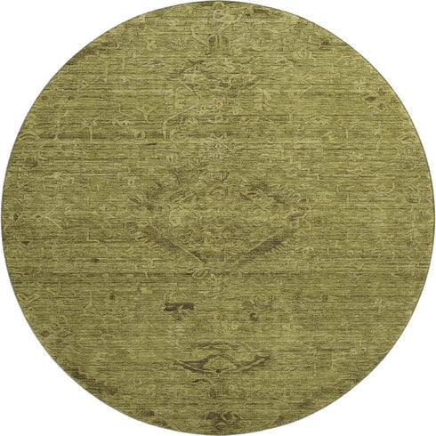 8' Olive Green And Gray Medallion Washable Round Rug With UV Protection