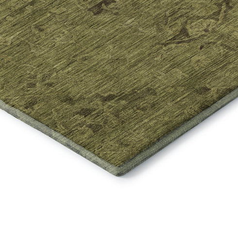 8' Olive Green And Gray Medallion Washable Round Rug With UV Protection