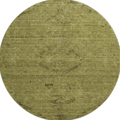 8' Olive Green And Gray Medallion Washable Round Rug With UV Protection