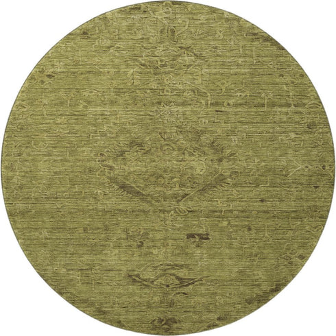 8' Olive Green And Gray Medallion Washable Round Rug With UV Protection