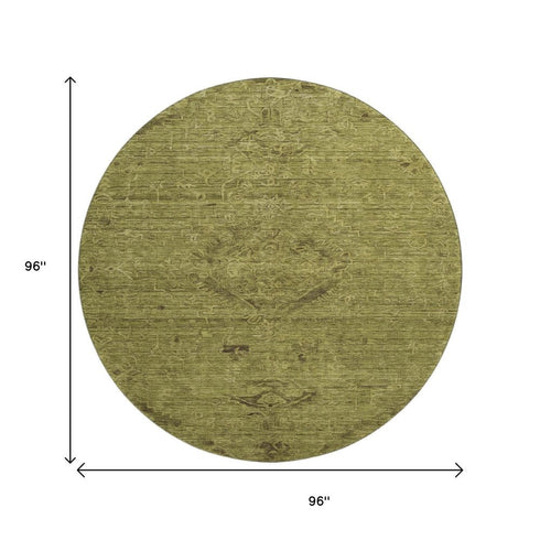 8' Olive Green And Gray Medallion Washable Round Rug With UV Protection