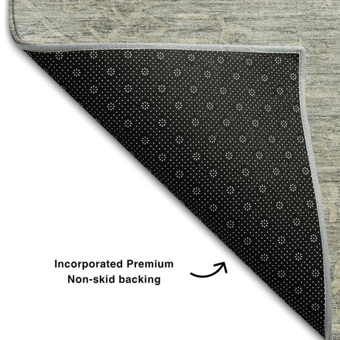 8' X 10' Pewter And Silver Medallion Washable Area Rug With UV Protection