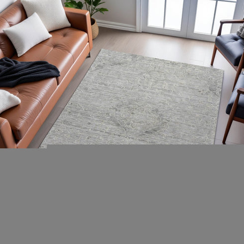 8' X 10' Pewter And Silver Medallion Washable Area Rug With UV Protection