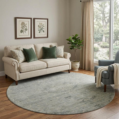 8' Sage And Beige Medallion Washable Round Rug With UV Protection