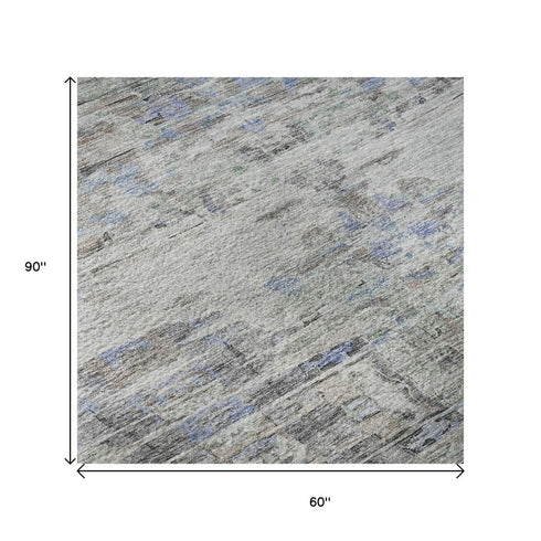 5' X 8' Taupe Blue And Gray Abstract Washable Area Rug With UV Protection