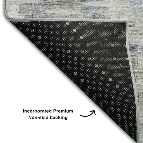 5' X 8' Taupe Blue And Gray Abstract Washable Area Rug With UV Protection