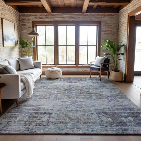 8' X 10' Taupe Blue And Gray Abstract Washable Area Rug With UV Protection