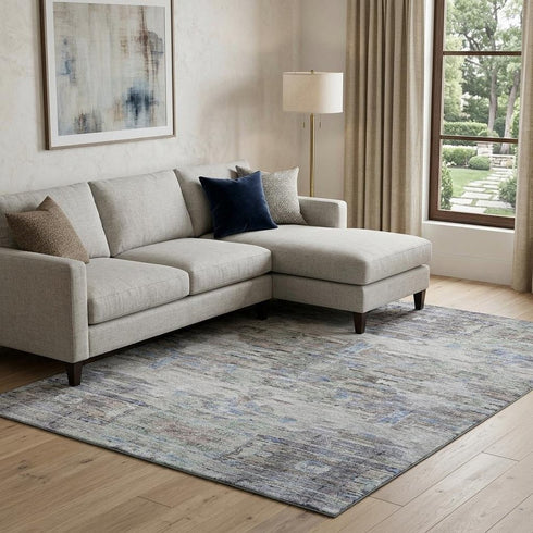 8' X 10' Taupe Blue And Gray Abstract Washable Area Rug With UV Protection