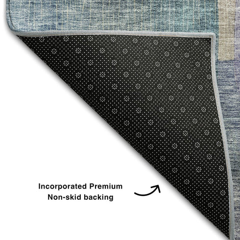 5' X 8' Blue Gold And Purple Abstract Washable Area Rug With UV Protection
