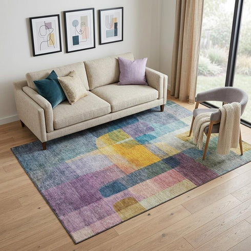 5' X 8' Blue Gold And Purple Abstract Washable Area Rug With UV Protection