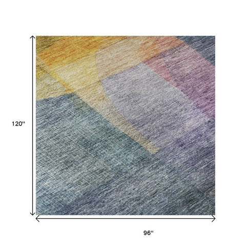 8' X 10' Blue Gold And Purple Abstract Washable Area Rug With UV Protection
