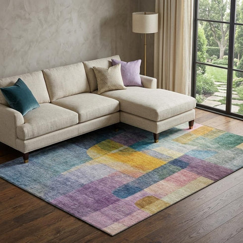 8' X 10' Blue Gold And Purple Abstract Washable Area Rug With UV Protection
