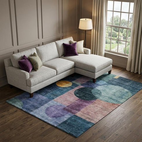 8' X 10' Blue Purple And Gold Geometric Washable Area Rug With UV Protection