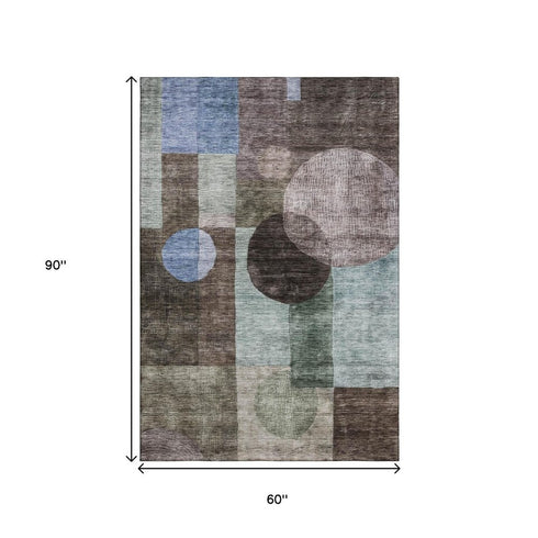 5' X 8' Brown Blue And Taupe Geometric Washable Area Rug With UV Protection