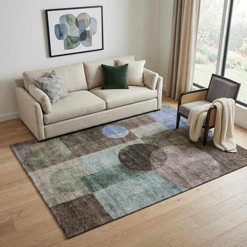 5' X 8' Brown Blue And Taupe Geometric Washable Area Rug With UV Protection