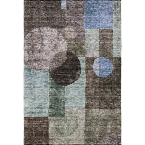 5' X 8' Brown Blue And Taupe Geometric Washable Area Rug With UV Protection