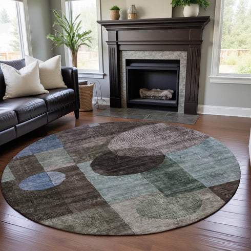 8' Brown Blue And Taupe Geometric Washable Round Rug With UV Protection
