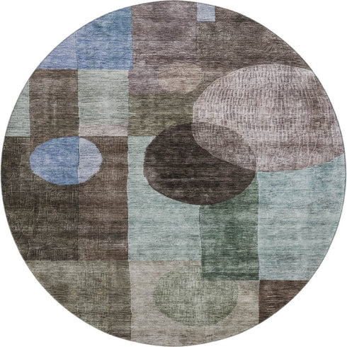 8' Brown Blue And Taupe Geometric Washable Round Rug With UV Protection
