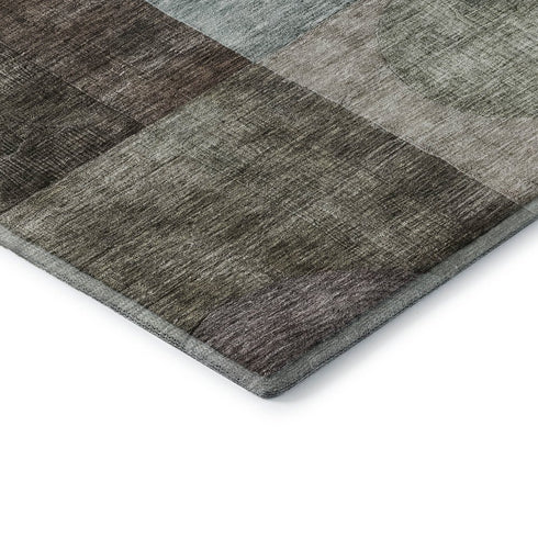 8' Brown Blue And Taupe Geometric Washable Round Rug With UV Protection
