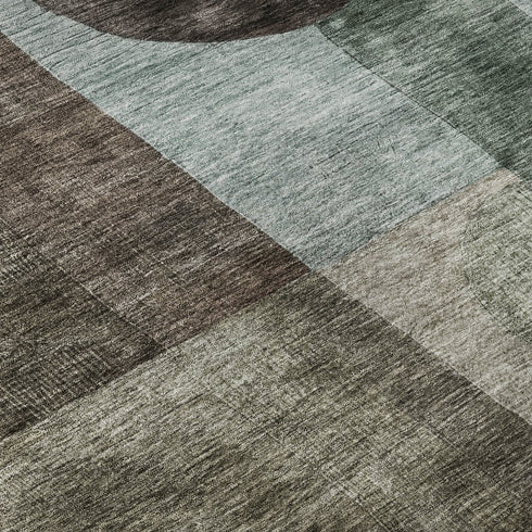 8' Brown Blue And Taupe Geometric Washable Round Rug With UV Protection