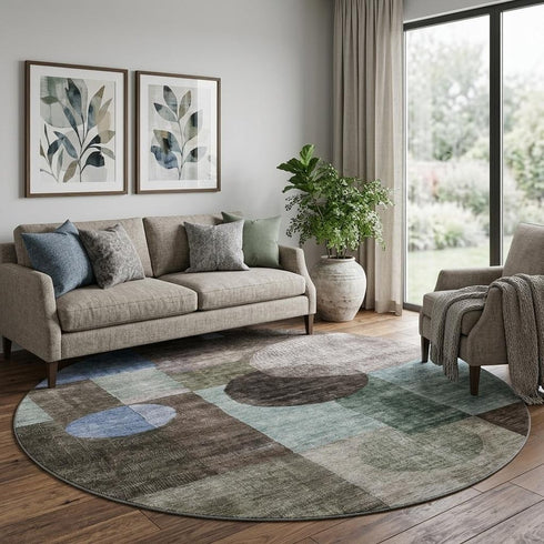 8' Brown Blue And Taupe Geometric Washable Round Rug With UV Protection