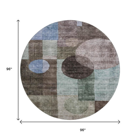 8' Brown Blue And Taupe Geometric Washable Round Rug With UV Protection